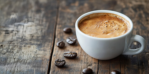 A white cup of freshly brewed espresso with crema on a rustic wooden table with coffee beans.