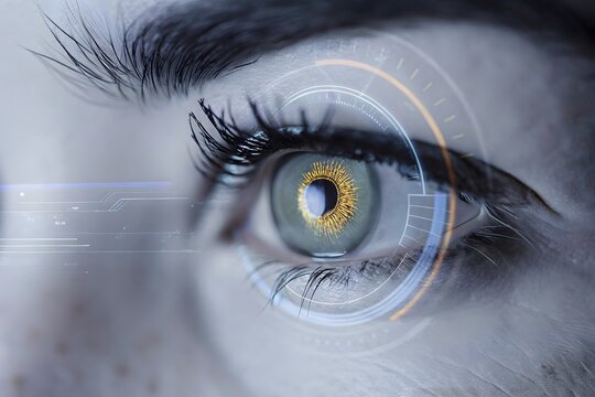 Photo of extreme closeup of a human eye with a glowing digital interface, representing future technology, data processing, and enhanced vision