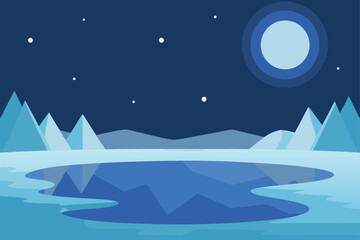 Fototapeta premium Flat design arctic landscape with moon and stars over icy lake
