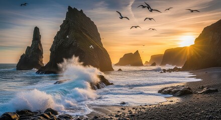 Wild Coastal Majesty: Jagged Sea Stacks and Soaring Gulls at Golden Sunset