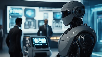 Black and white robot stands in foreground with professionals in meeting for Artificial intelligence AI corporate innovation advanced technology smart business future concept