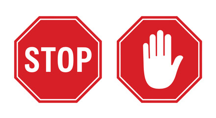 Two red octagonal stop signs one with the word stop and the other with an open palm hand symbol isolated on white background