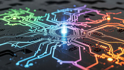 Abstract Circuit Board:  Vibrant Rainbow Hues, Glowing Core, Technological Innovation Concept.