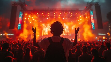 Someone is standing in front of a stage with their hands up music festival
