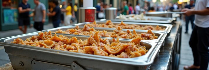 Street food festival outdoor buffet trays with chicharrones on display