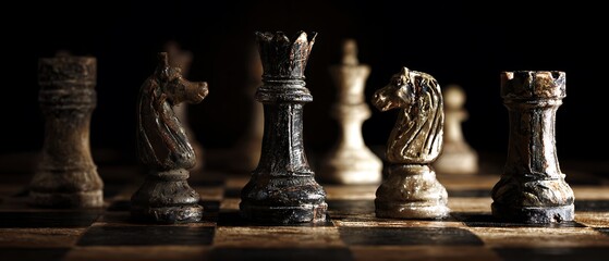 Dark chessboard with chess pieces in dramatic light  
