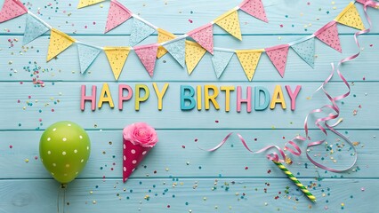 Happy birthday celebration with colorful flags and confetti on a wooden background