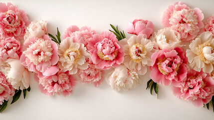 A beautiful border of fresh blooming pink and cream peony flowers with green leaves arranged on a white background.