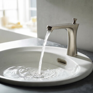 Grifo de Lavabo con Agua Fluyendo en un Ba&ntilde;o con Luz Natural
