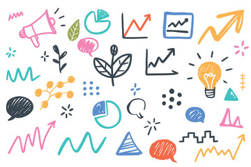 Hand drawn doodles of business concepts including graphs, light bulbs, leaves, and speech bubbles. Colorful sketches represent growth and innovation.