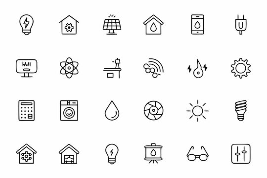 A clean and modern icon pack visualizing home energy systems, automation, and electricity management &mdash; perfect for IoT device interfaces, smart home apps, green energy startups, and real estate tech p
