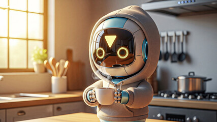 Cute Robot in Hoodie Enjoying Morning Coffee in Modern Kitchen