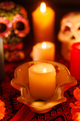 Black and white skulls with candles and magnolias on colorful altar
