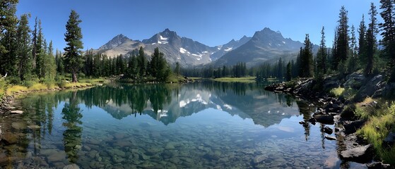 Crystal blue alpine lake with snow mountains and reflection  
