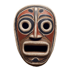 An Isolated African Mask with Striking Red and Black Geometric Patterns, White Base.
