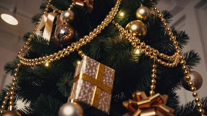 Close-up of Christmas tree decorated with gold baubles and garland with gift boxes. Festive holiday concept
- Powered by Adobe