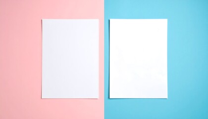Two blank white papers on a pink and blue background