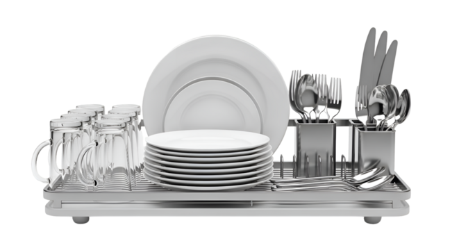 Dishes and Silverware Dry on a Rack after Washing, Clean Plates and Glasses Shine, Kitchenware