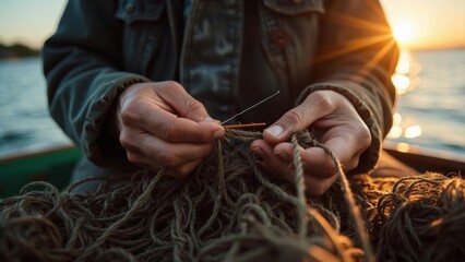 Outdoor woven fishing net scene