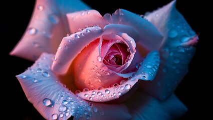 Elegant pink rose blossom adorned with glistening water droplets a floral macro with captivating color gradients and soft textures