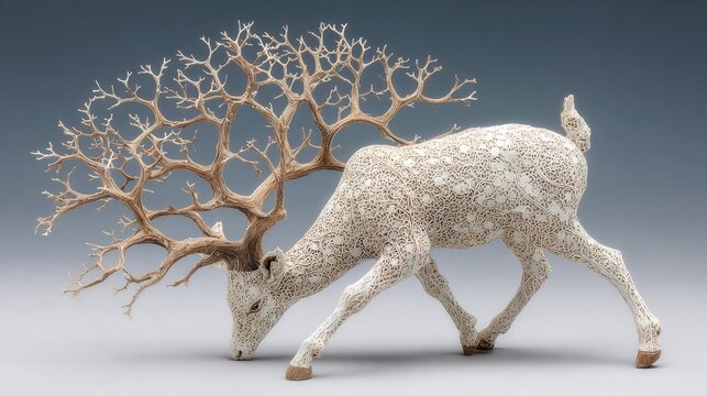 Ornate deer sculpture; delicate, branching antlers