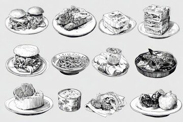Delicious Food Dishes, Drawn Sketches