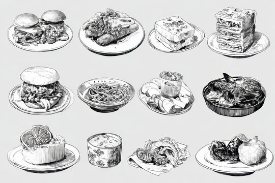 Delicious Food Dishes, Drawn Sketches