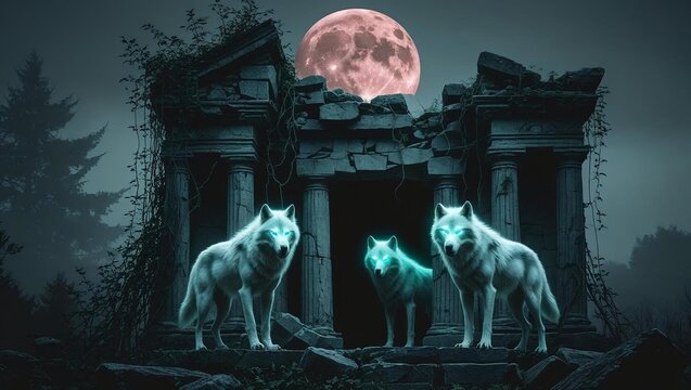 A lost temple guarded by ghostly wolves under blood moon