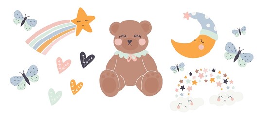 Kids illustration, childhood with Teddy bear, moon, toys, stars, butterflies. Baby shower card.