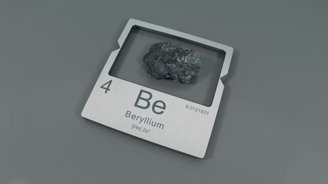 Beryllium mineral sample on modern metal plate with periodic table data 
