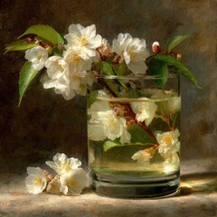 Delicate white blossoms in a glass