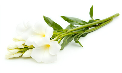 A beautiful sprig of white oleander flowers with green leaves and buds isolated on a white background.