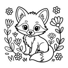 Obraz premium Adorable Cartoon Fox Surrounded by Flowers - Line Art Illustration
