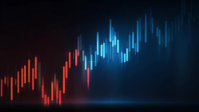 
A grand stock market chart background with blue and red glowing candlestick graph lines for a financial business concept,