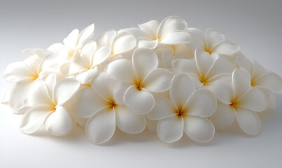 A beautiful arrangement of delicate white plumeria flowers with yellow centers, clustered together on a clean white background.