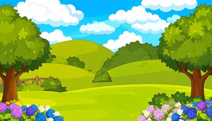 Fototapeta premium Lush green hills and a clear blue sky.