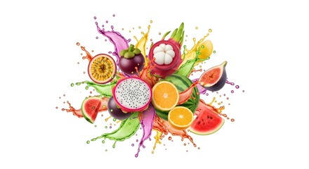 Dynamic splash of assorted tropical fruits like dragon fruit, mangosteen, and watermelon in a colorful juice explosion isolated on white.