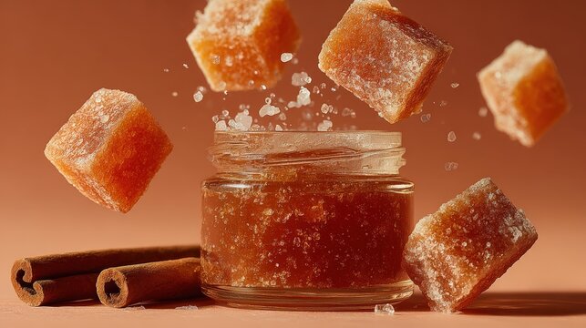 Quince quarters and sugar crystals swirl around membrillo in a peach setting