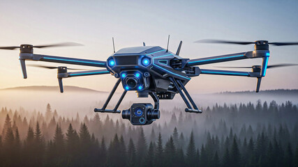 Futuristic Drone Soaring Above Misty Pine Forest at Dawn: Aerial Photography Concept