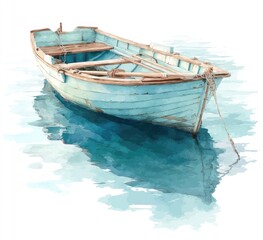 Obraz premium Watercolor illustration of a weathered, light-blue rowboat on calm water