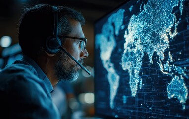 Logistics coordinator wearing headset and monitoring global shipments on high tech digital map interface. Real time tracking, efficient supply chain management, and worldwide delivery operations.
