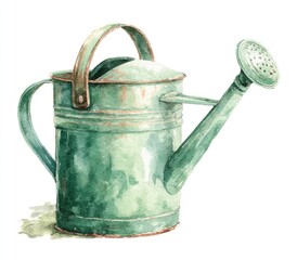 Watercolor vintage green watering can
