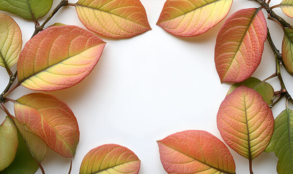 Colorful autumn leaves on branches arranged in a circular frame on a white background with copy space.