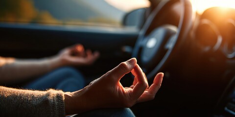 Calm driver practicing mindfulness breathing techniques inside parked car before long road trip, promoting mental clarity, focus, and emotional balance for safe and stress free driving experience.