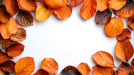 A beautiful frame of vibrant orange and brown autumn leaves arranged on a white background with central copy space.