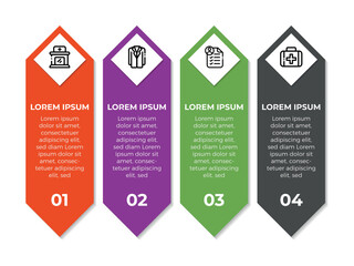 Concept of arrow business model with 4 successive steps. Six colorful graphic elements. Timeline design for brochure, presentation. Infographic design layout