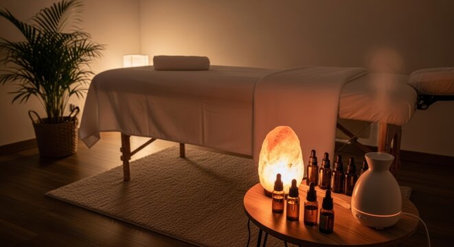 Tranquil spa ambience featuring massage table with essential oils and calming salt lamp aura - Powered by Adobe