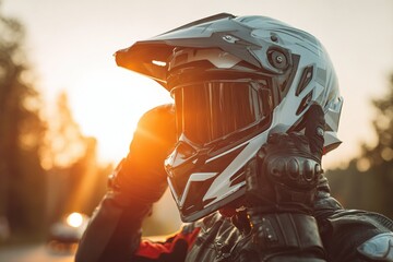 Motorcycle rider wearing protective helmet and leather jacket before early morning departure on urban road, showcasing safety gear and travel equipment for an adventurous city journey.
