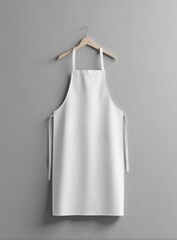 White apron hanging on wooden hanger against gray wall