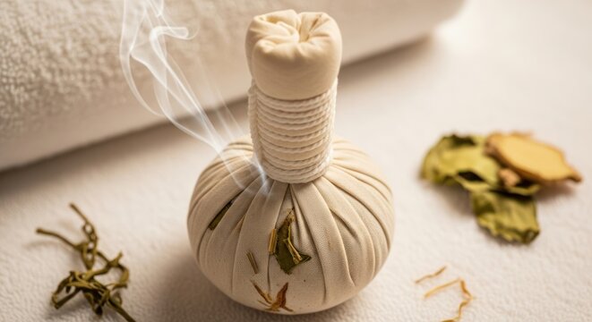 Aromatic herbal compress steaming for relaxation and wellness, with natural herbs arranged nearby
